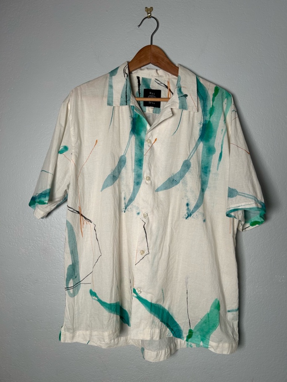 Res Ipsa Short-Sleeve Cream Button-Down Camp Shirt w/ Teal & Green Brushstrokes